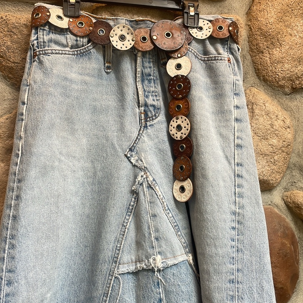 J BUSH HOLLYWOOD CREATIONS awesome distressed Denim Maxi Skirt festival! Sz 29 - Picture 3 of 10